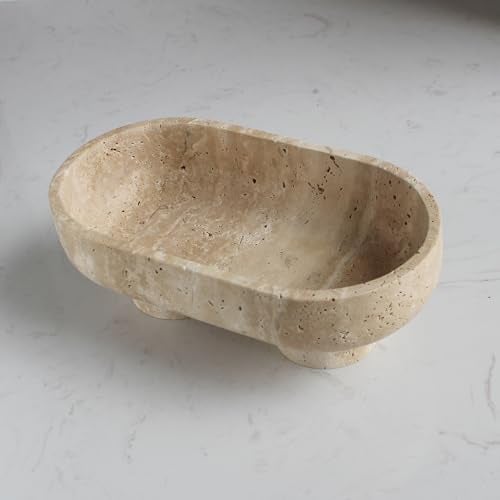 Nawgnail Natural Oval Travertine Fruit Bowl for Kitchen Counter 10", Large Decorative Bowl Two-Legs for Home Decor, Fruits Holder For Dining Table - Kitchen Organization - Image 4