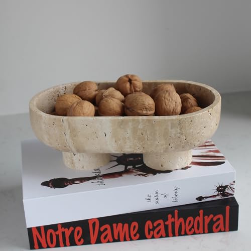 Nawgnail Natural Oval Travertine Fruit Bowl for Kitchen Counter 10", Large Decorative Bowl Two-Legs for Home Decor, Fruits Holder For Dining Table - Kitchen Organization - Image 5