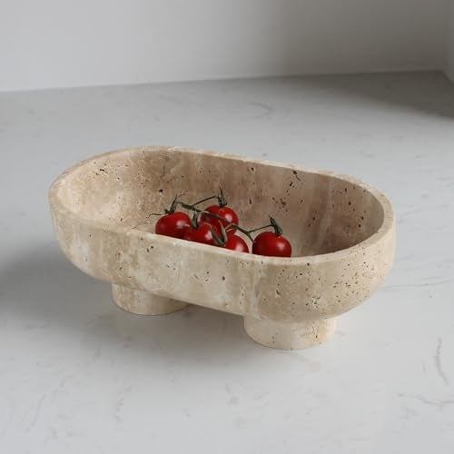 Nawgnail Natural Oval Travertine Fruit Bowl for Kitchen Counter 10", Large Decorative Bowl Two-Legs for Home Decor, Fruits Holder For Dining Table - Kitchen Organization - Image 1