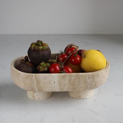 Nawgnail Natural Oval Travertine Fruit Bowl for Kitchen Counter 10", Large Decorative Bowl Two-Legs for Home Decor, Fruits Holder For Dining Table - Kitchen Organization - Image 3