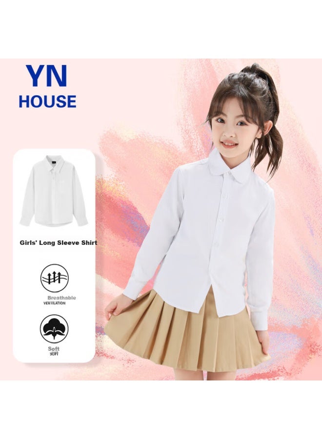 Yinuofang Kids White Long Sleeve Shirt School Uniform Girls' Shirt: White Long Sleeve 140cm - Image 1