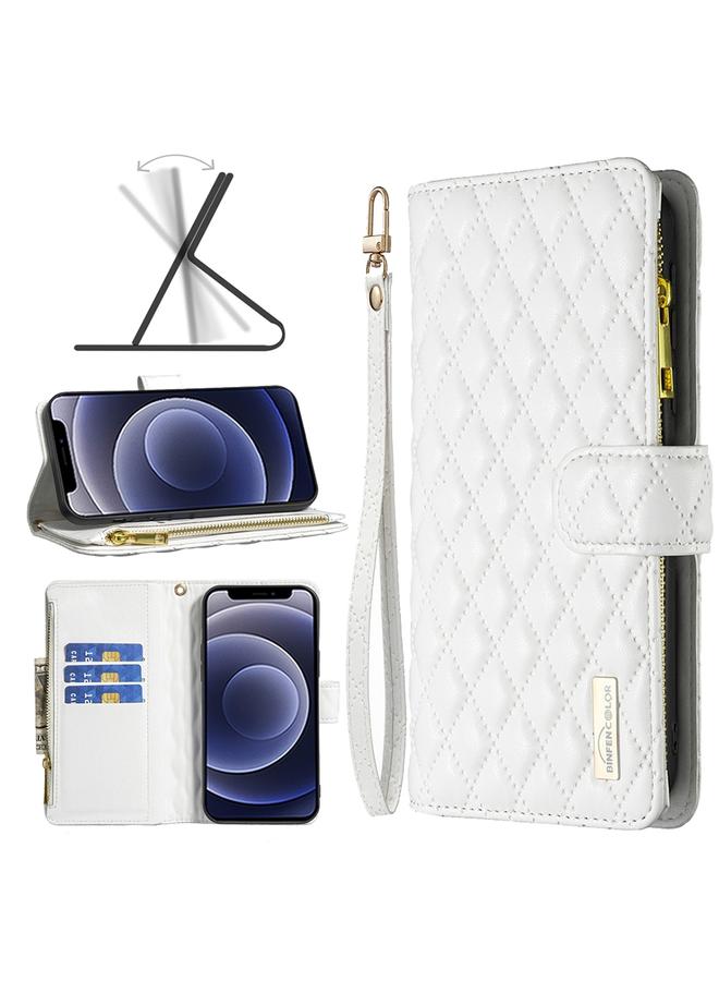 زبون جراب لهاتف iPhone 12 mini مع محفظة جلدية بسحاب من الألماس بتصميم شبكي - Image 1