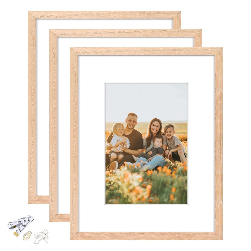 ATOBART 8x10 Picture Frame  OAK Wood Photo Frame 5x7 with Mat or 8x10 without Mat with Perspex Glass for Vertical or Horizontal Tabletop Wall Display for Photos  Paintings  Posters  Artwork  Set of 3 - Image 1