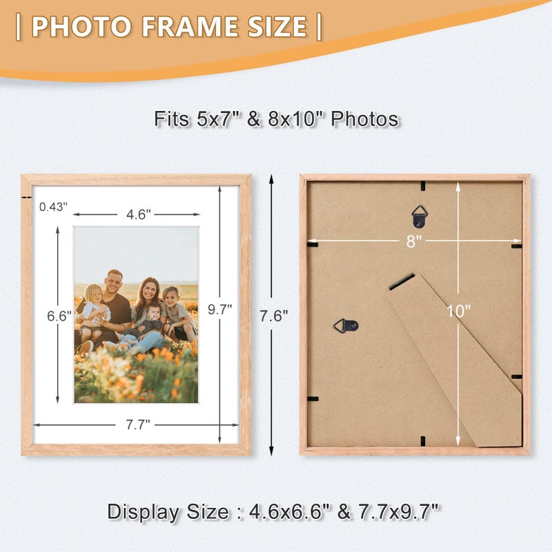 ATOBART 8x10 Picture Frame  OAK Wood Photo Frame 5x7 with Mat or 8x10 without Mat with Perspex Glass for Vertical or Horizontal Tabletop Wall Display for Photos  Paintings  Posters  Artwork  Set of 3 - Image 2
