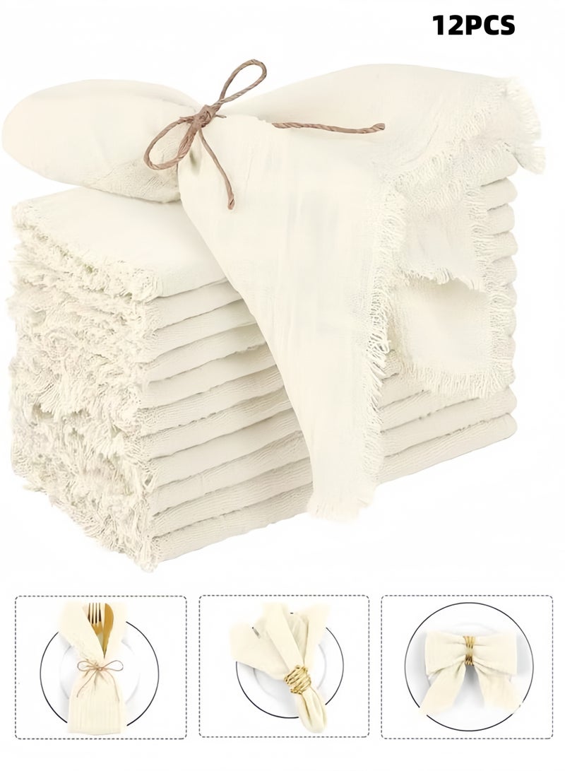 ١٢ منديل قماش قطني كتاني، مناديل قماشية مصنوعة يدويًا بشراشيب، مناديل عشاء قماشية ناعمة مربعة الشكل مقاس ٤٢ × ٤٢ سم، مناسبة للعشاء والحفلات وحفلات الزفاف، منديل زفاف بيج اللون. - Image 1