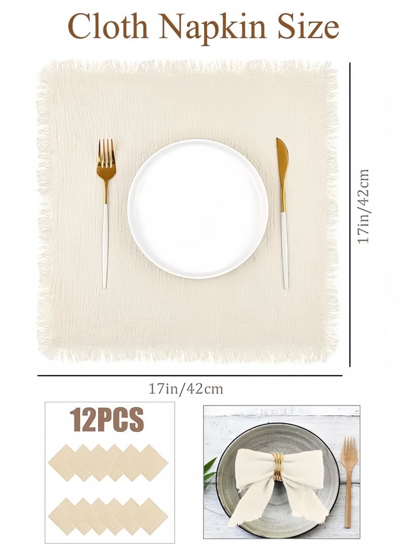 ١٢ منديل قماش قطني كتاني، مناديل قماشية مصنوعة يدويًا بشراشيب، مناديل عشاء قماشية ناعمة مربعة الشكل مقاس ٤٢ × ٤٢ سم، مناسبة للعشاء والحفلات وحفلات الزفاف، منديل زفاف بيج اللون. - Image 3