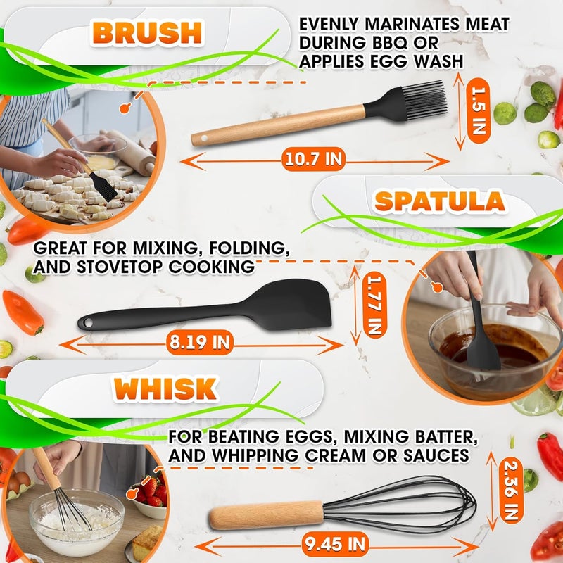 V TOWER 14 PCs Black Silicone Cooking Utensils Set with Holder - Versatile Kitchen Utensils with Sturdy Wooden Handles - Heat Resistance Silicone Kitchen Utensil Set with Holder for All Cooking & Baking Needs - Image 4