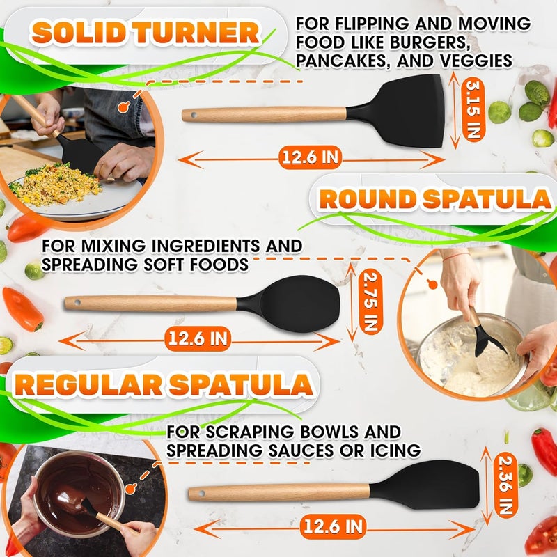 V TOWER 14 PCs Black Silicone Cooking Utensils Set with Holder - Versatile Kitchen Utensils with Sturdy Wooden Handles - Heat Resistance Silicone Kitchen Utensil Set with Holder for All Cooking & Baking Needs - Image 3