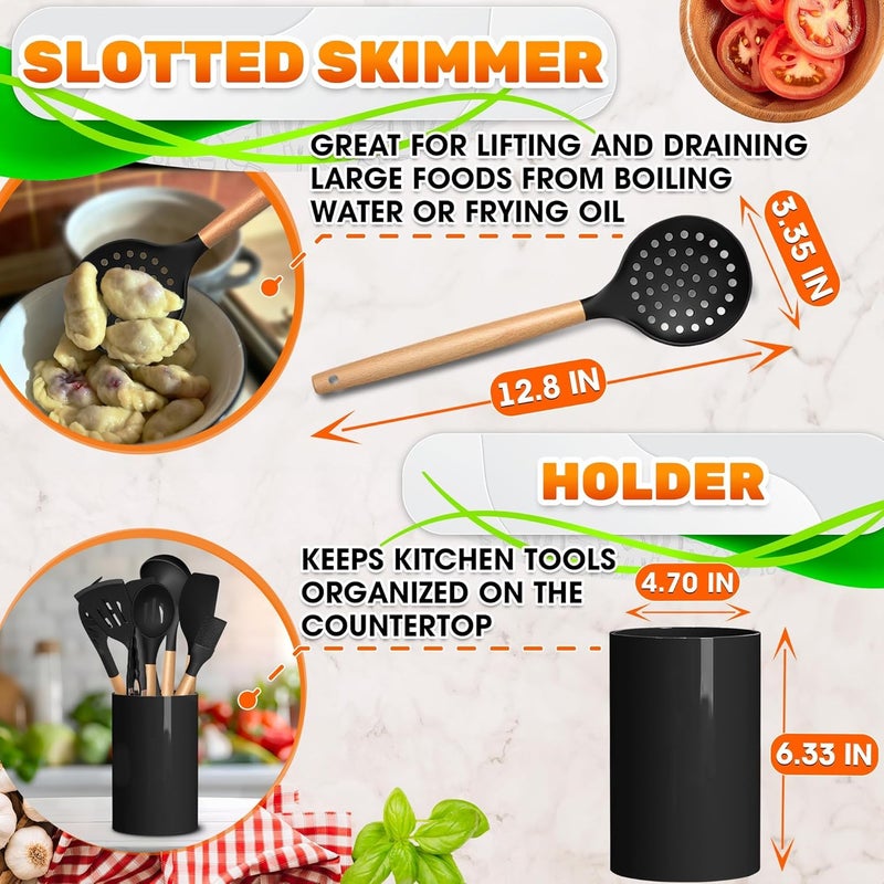 V TOWER 14 PCs Black Silicone Cooking Utensils Set with Holder - Versatile Kitchen Utensils with Sturdy Wooden Handles - Heat Resistance Silicone Kitchen Utensil Set with Holder for All Cooking & Baking Needs - Image 5