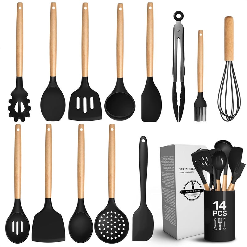 V TOWER 14 PCs Black Silicone Cooking Utensils Set with Holder - Versatile Kitchen Utensils with Sturdy Wooden Handles - Heat Resistance Silicone Kitchen Utensil Set with Holder for All Cooking & Baking Needs - Image 1