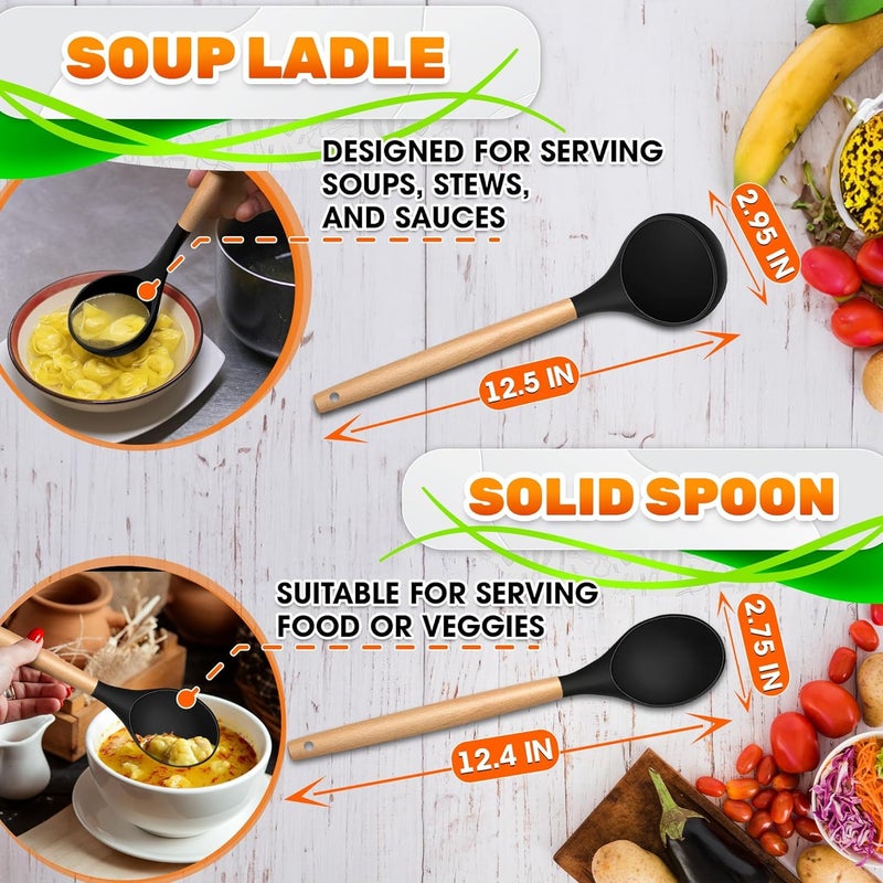 V TOWER 14 PCs Black Silicone Cooking Utensils Set with Holder - Versatile Kitchen Utensils with Sturdy Wooden Handles - Heat Resistance Silicone Kitchen Utensil Set with Holder for All Cooking & Baking Needs - Image 2