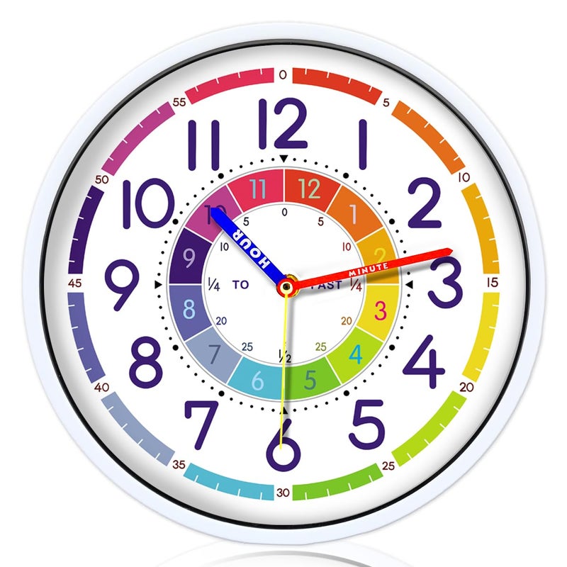 AMOTOFO Time Teaching Clock 12 Inch Silent Wall Clock for Kids Learning Time Silent NonTicking Quartz Decorative Wall Clock for Teachers Classrooms Or Childrens Bedrooms