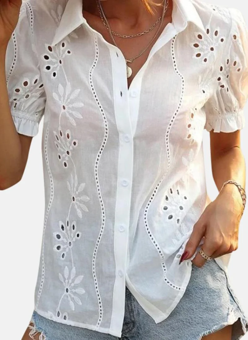 يونيكي White Shirt Collar Short Sleeves Tops