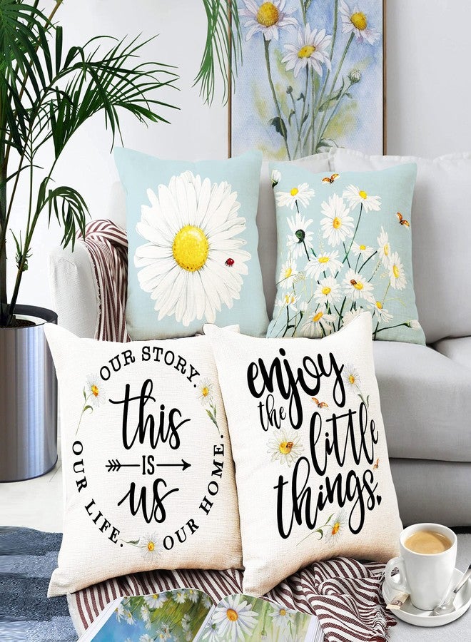 Hexagram Outdoor Pillow Covers 18x18 Set of 4, Blue Floral Daisy Farmhouse Decor, Indoor Outdoor Decorative Throw Pillow Covers for Sofa Couch Living Room, Home Decor - Image 3