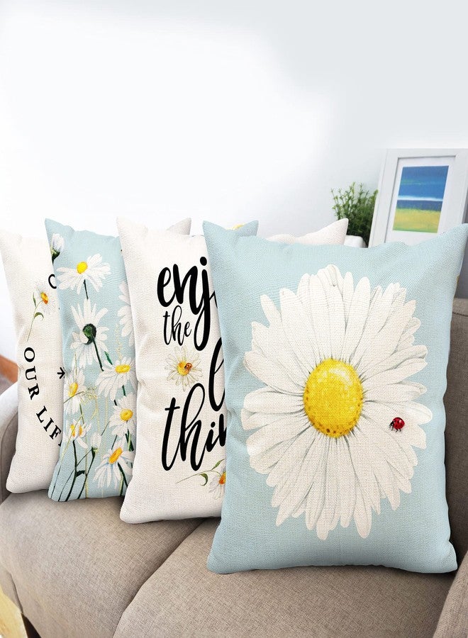 Hexagram Outdoor Pillow Covers 18x18 Set of 4, Blue Floral Daisy Farmhouse Decor, Indoor Outdoor Decorative Throw Pillow Covers for Sofa Couch Living Room, Home Decor - Image 2