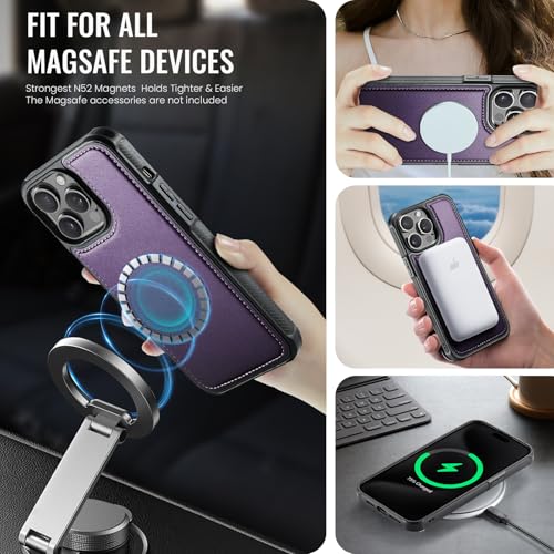 Usroom Compatible with Magsafe for iPhone 14 Pro Wallet Case Magnetic Card Holder, RFID Blocking 2 in 1 Detachable Kickstand Shockproof Case for Women Men, Purple - Image 2