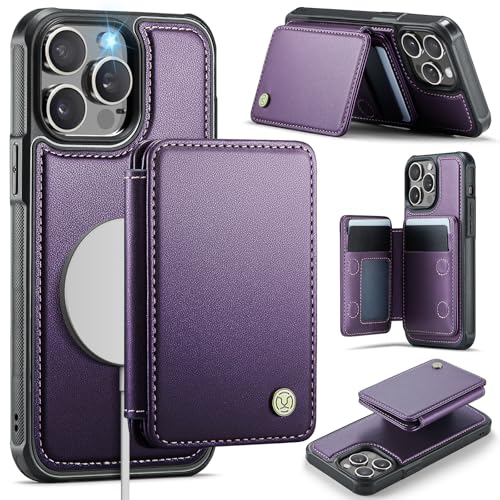Usroom Compatible with Magsafe for iPhone 14 Pro Wallet Case Magnetic Card Holder, RFID Blocking 2 in 1 Detachable Kickstand Shockproof Case for Women Men, Purple - Image 1