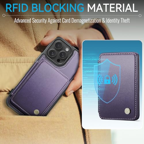 Usroom Compatible with Magsafe for iPhone 14 Pro Wallet Case Magnetic Card Holder, RFID Blocking 2 in 1 Detachable Kickstand Shockproof Case for Women Men, Purple - Image 3