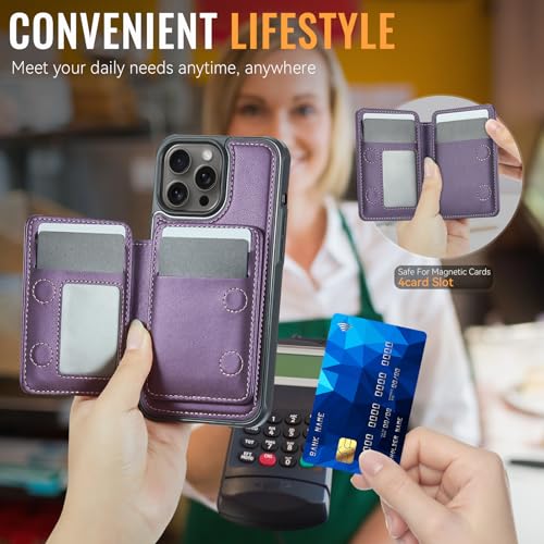 Usroom Compatible with Magsafe for iPhone 14 Pro Wallet Case Magnetic Card Holder, RFID Blocking 2 in 1 Detachable Kickstand Shockproof Case for Women Men, Purple - Image 4
