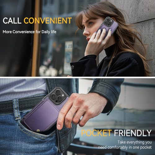 Usroom Compatible with Magsafe for iPhone 14 Pro Wallet Case Magnetic Card Holder, RFID Blocking 2 in 1 Detachable Kickstand Shockproof Case for Women Men, Purple - Image 5