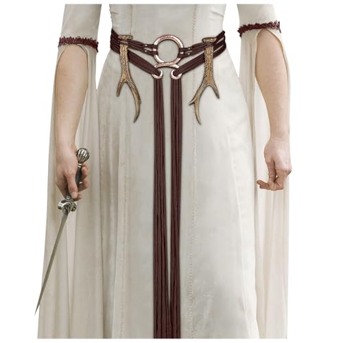 L'VOW LVOW Viking Troll Cross Belt Long Rope Ring Knotted Belt Norse Witch Waist Belt Shaman Pagan Medieval Antlers Accessory Brown - Image 1