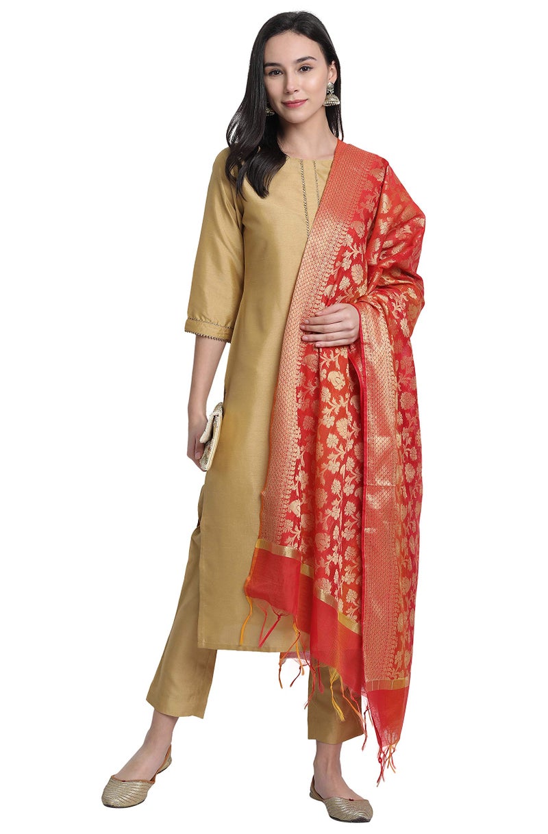 Janasya Indian Women's Gold Solid Festive Wear Kurta Set for Women - Image 2