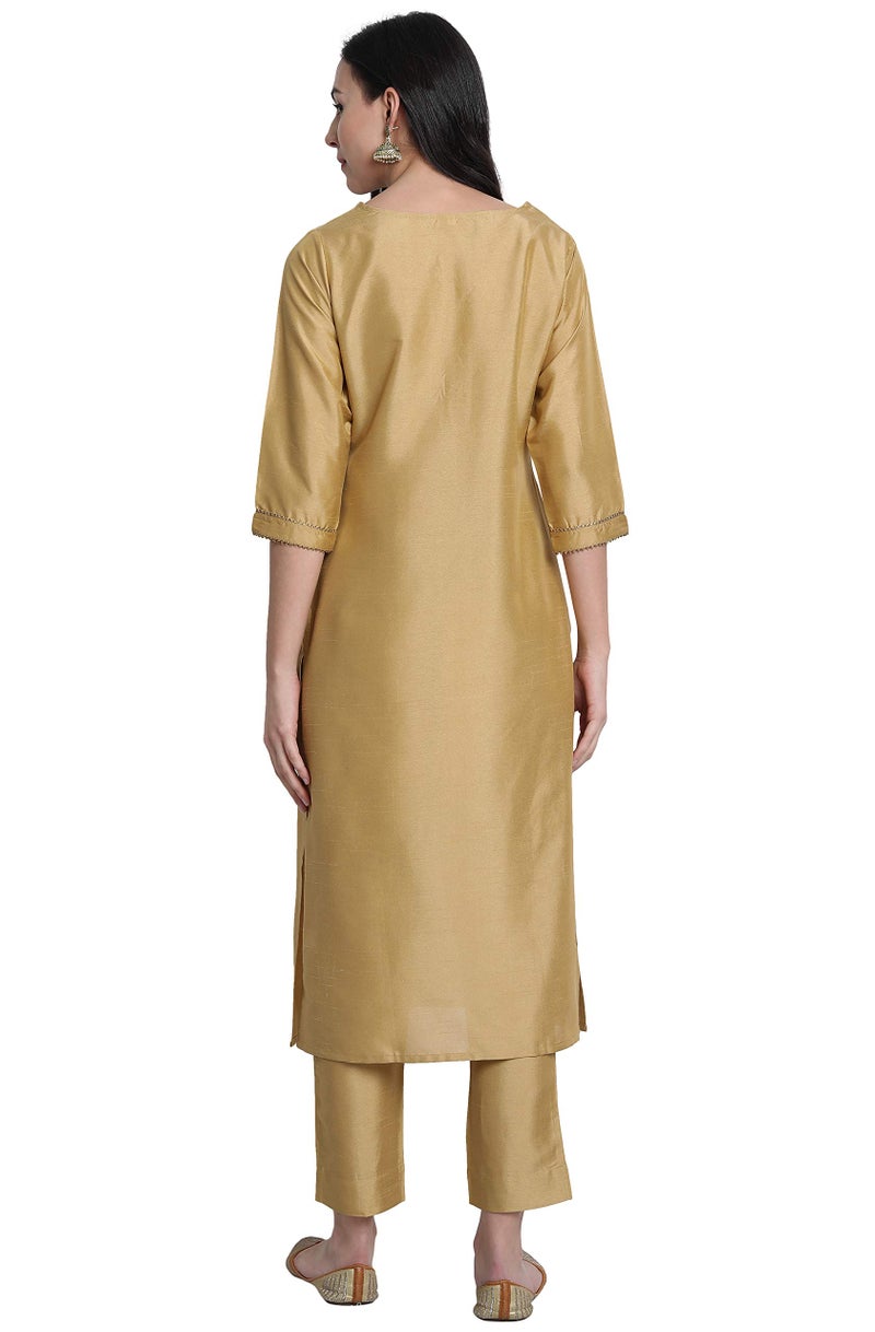 Janasya Indian Women's Gold Solid Festive Wear Kurta Set for Women - Image 4