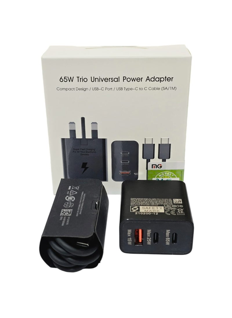 65W Power Adapter Trio Super Fast Charger With 65w, 25w, 15w With Type-C To Type-C Cable Included