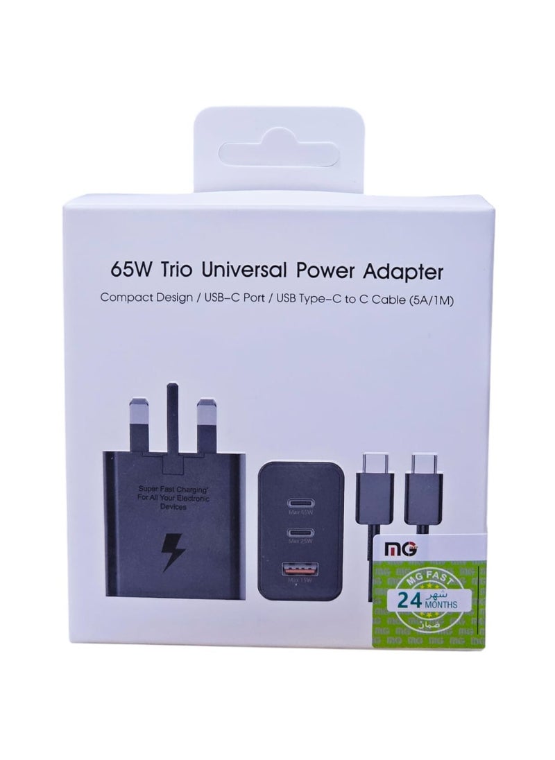 65W Power Adapter Trio Super Fast Charger With 65w, 25w, 15w With Type-C To Type-C Cable Included