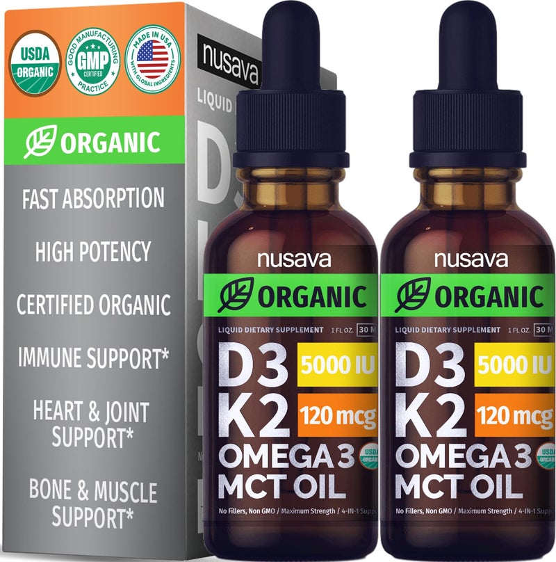 nusava (2 Pack) Organic Vitamin D3 K2 Drops with MCT Oil, Omega 3, 5000 IU - Vitamin D Liquid, No Fillers, Non-GMO D3 for Body’s Defenses and Faster Absorption, Unflavored, 2 Fl Oz - Image 1