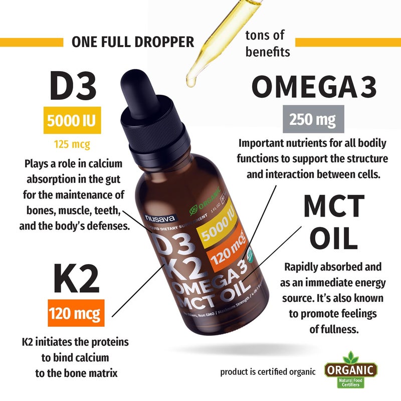 nusava (2 Pack) Organic Vitamin D3 K2 Drops with MCT Oil, Omega 3, 5000 IU - Vitamin D Liquid, No Fillers, Non-GMO D3 for Body’s Defenses and Faster Absorption, Unflavored, 2 Fl Oz - Image 3