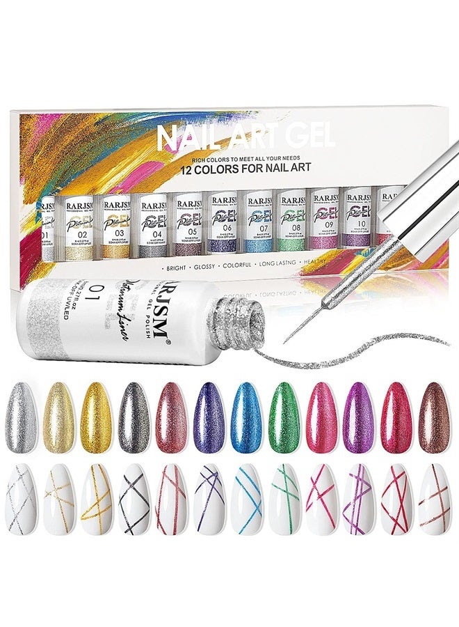 RARJSM Painted Gel Nail Polish Set, Nail Art Gel Metallic Liner Painting Polish Set UV LED Gel 12 Colors Platinum Liner Gel Champagne Glitter Silver Rosa Gold Green Blue Purple Gel Paint for Nail Art Design - Image 1