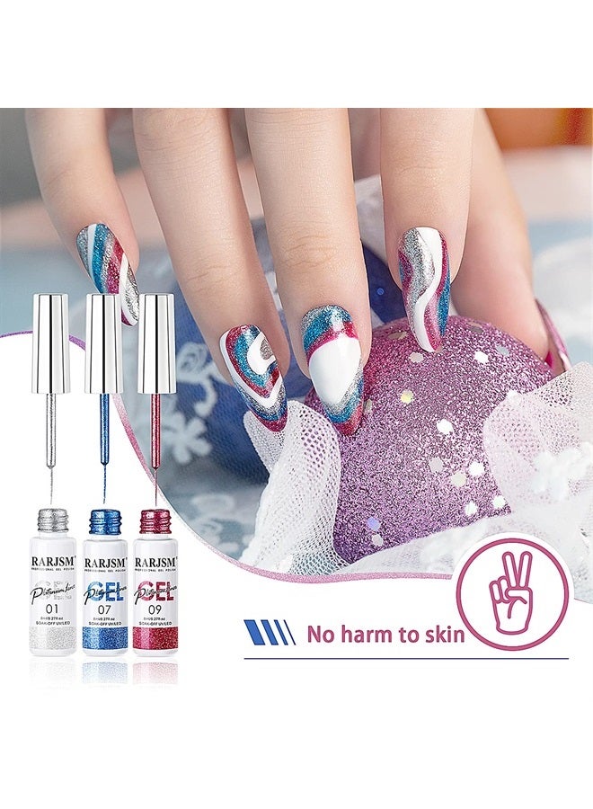 RARJSM Painted Gel Nail Polish Set, Nail Art Gel Metallic Liner Painting Polish Set UV LED Gel 12 Colors Platinum Liner Gel Champagne Glitter Silver Rosa Gold Green Blue Purple Gel Paint for Nail Art Design - Image 4