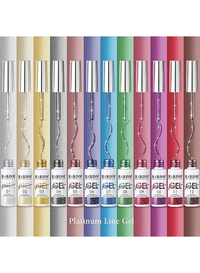 RARJSM Painted Gel Nail Polish Set, Nail Art Gel Metallic Liner Painting Polish Set UV LED Gel 12 Colors Platinum Liner Gel Champagne Glitter Silver Rosa Gold Green Blue Purple Gel Paint for Nail Art Design - Image 5
