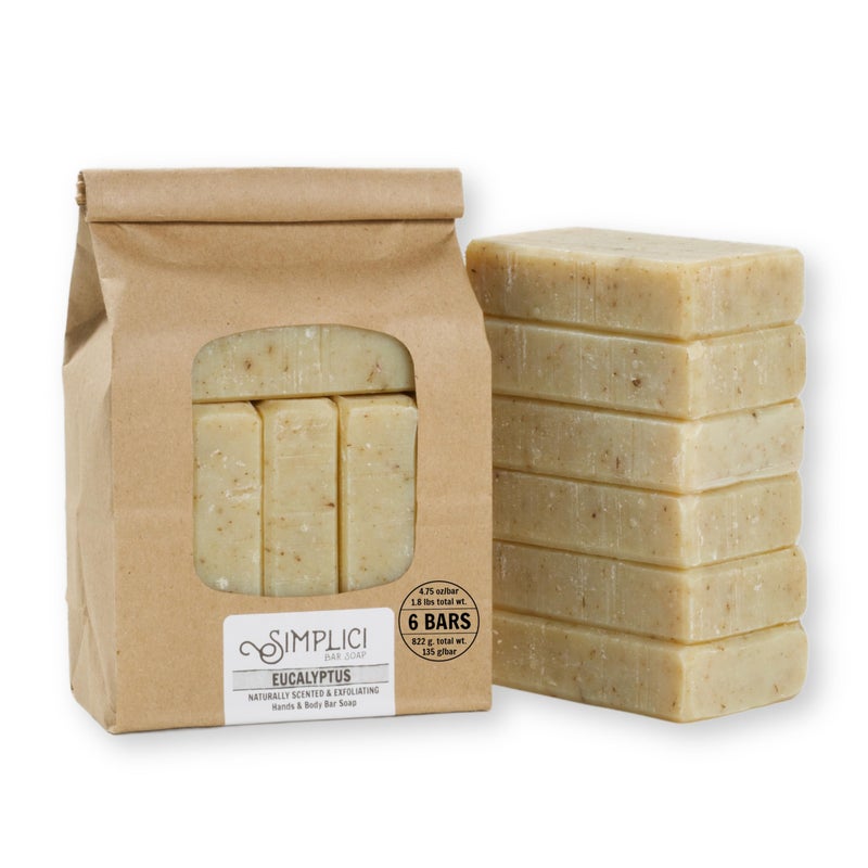 Simplici Eucalyptus Natural Soap (exfoliating + pure essential oils) 6 Bar Value Bag. Palm Free. - Image 1