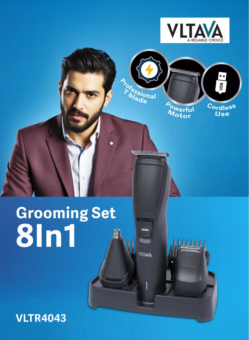 Vltava 8-in-1 Professional Grooming Kit – All-in-One Rechargeable Hair Trimmer with T Blade, Nose & Ear Trimmer, Micro Shaver + Accessories VLTR4043 - Image 5