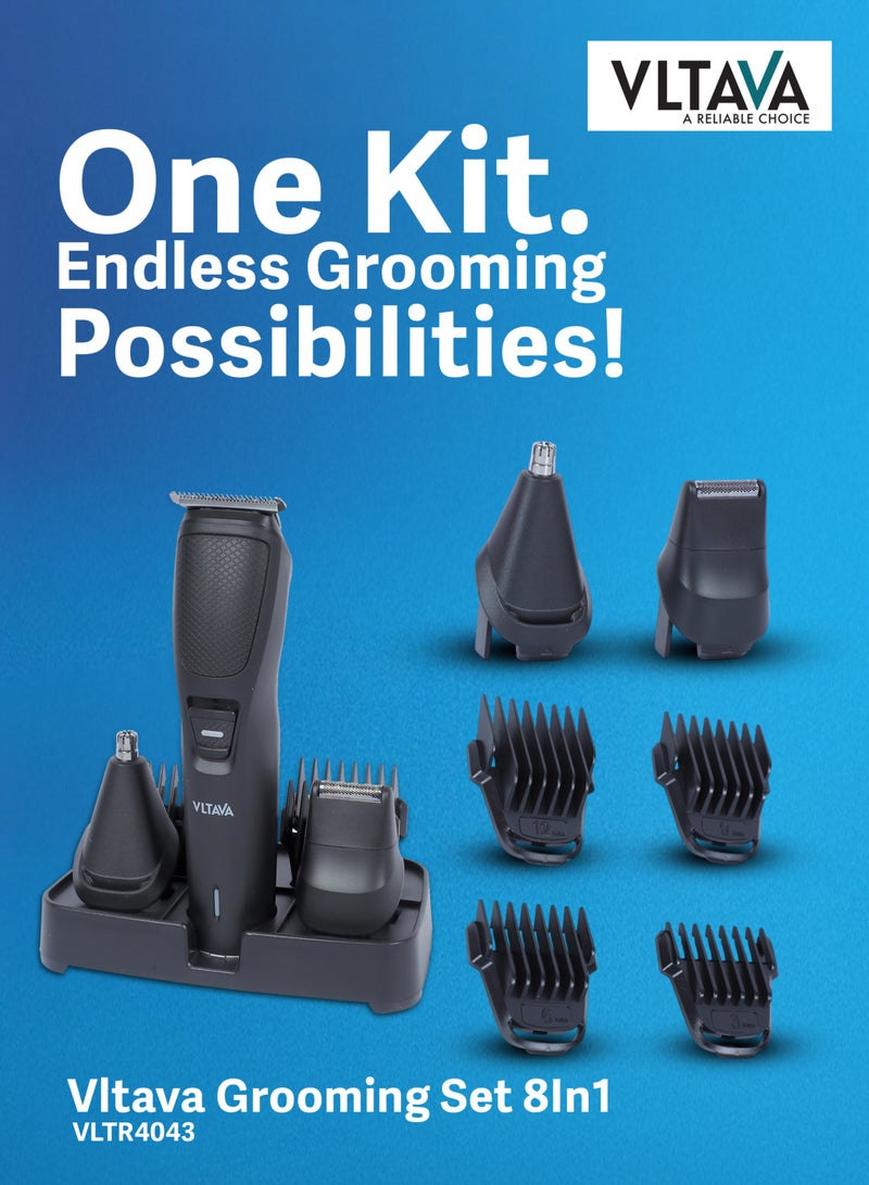 Vltava 8-in-1 Professional Grooming Kit – All-in-One Rechargeable Hair Trimmer with T Blade, Nose & Ear Trimmer, Micro Shaver + Accessories VLTR4043 - Image 2