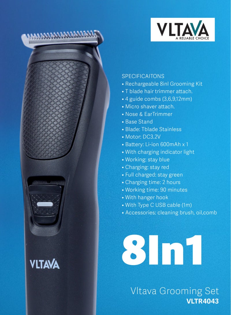 Vltava 8-in-1 Professional Grooming Kit – All-in-One Rechargeable Hair Trimmer with T Blade, Nose & Ear Trimmer, Micro Shaver + Accessories VLTR4043 - Image 3