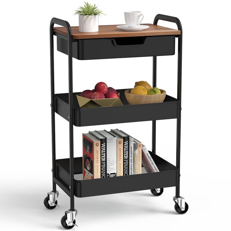 Aratan 3 Tier Rolling Cart with Drawer, Metal Utility Cart on Wheels Storage Cart with Wood Top, Kitchen Cart Art Cart Organizer for Bathroom Office Balcony Living Room - Image 1