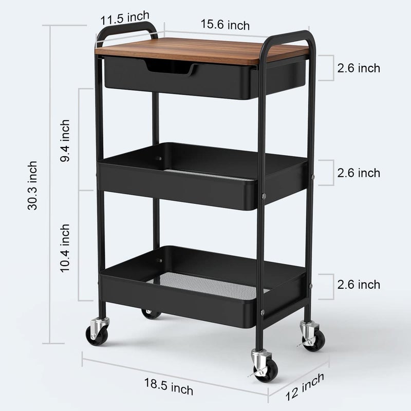 Aratan 3 Tier Rolling Cart with Drawer, Metal Utility Cart on Wheels Storage Cart with Wood Top, Kitchen Cart Art Cart Organizer for Bathroom Office Balcony Living Room - Image 3