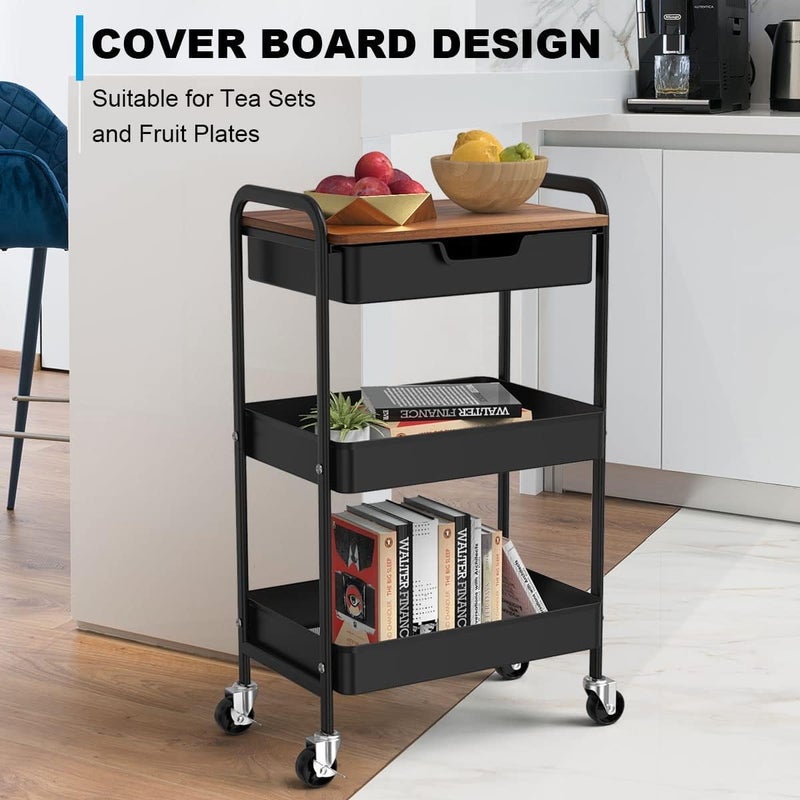 Aratan 3 Tier Rolling Cart with Drawer, Metal Utility Cart on Wheels Storage Cart with Wood Top, Kitchen Cart Art Cart Organizer for Bathroom Office Balcony Living Room - Image 4