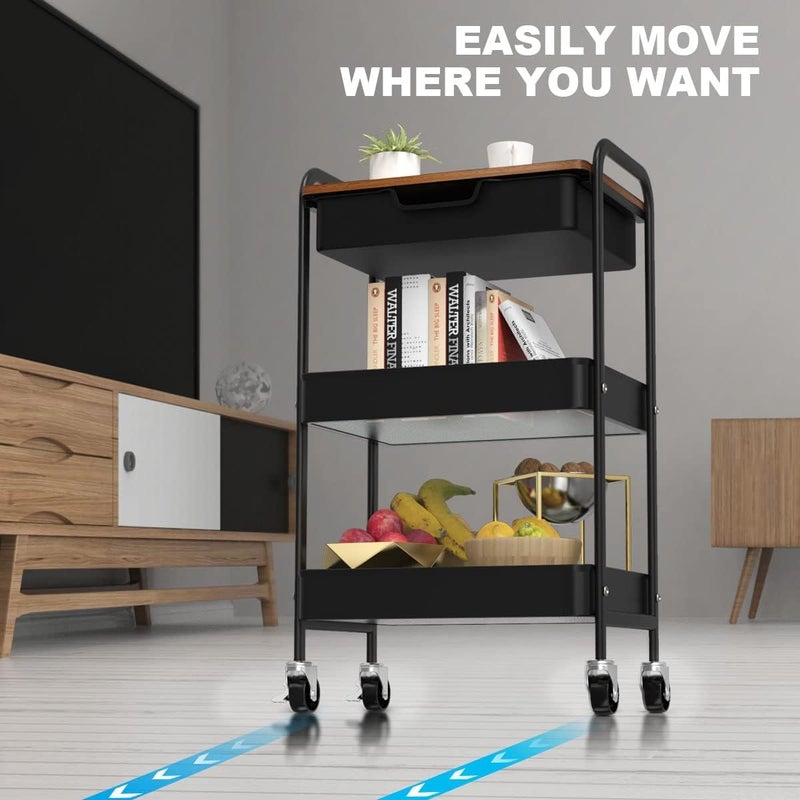 Aratan 3 Tier Rolling Cart with Drawer, Metal Utility Cart on Wheels Storage Cart with Wood Top, Kitchen Cart Art Cart Organizer for Bathroom Office Balcony Living Room - Image 5
