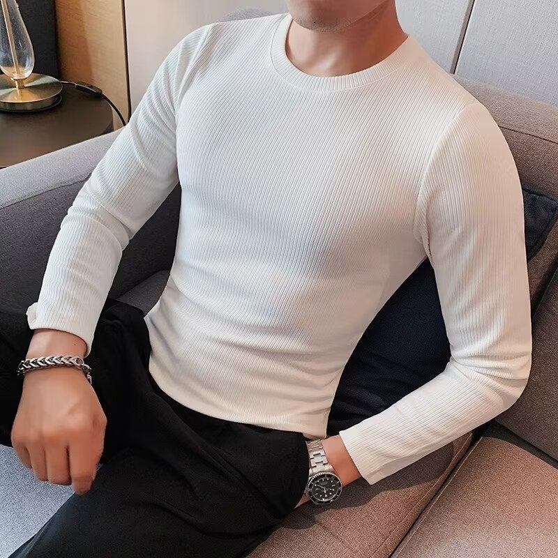 New High-End Sense Elastic Arc Bottom Pinstripe Slim Long-Sleeved T-Shirt Men'S Dark Stripe Crewneck Base Shirt - Image 4