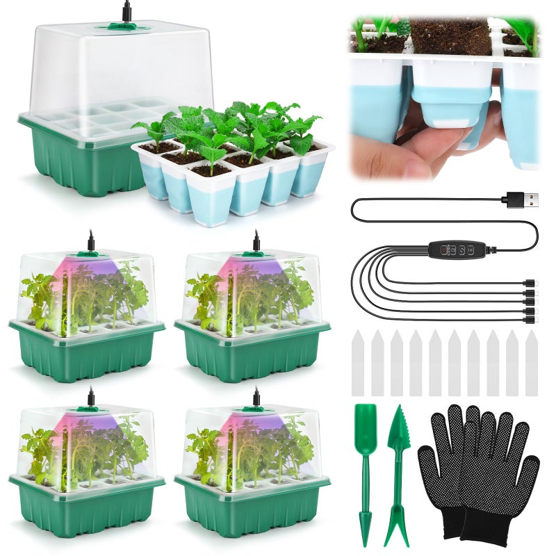 Hanaoyo Seed Starter Tray with Grow Light 60 Flexible Cells 5 PCS Seed Starter Kit Reusable Seedling Starter Trays with Humidity Dome and High Lid Germination Trays for Indoor Greenhouse Seed Starter 