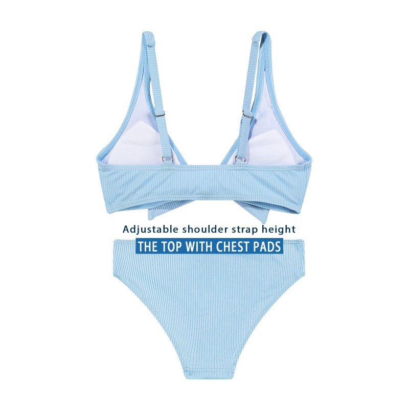 MIENOE Teen Girls' Swimsuits Two-Piece V-Neck Bow Kids Bikini Swimsuit Solid Color Adjustable Shoulder Straps Girls Sky Blue Bikini (Size 10-11Years) - Image 4