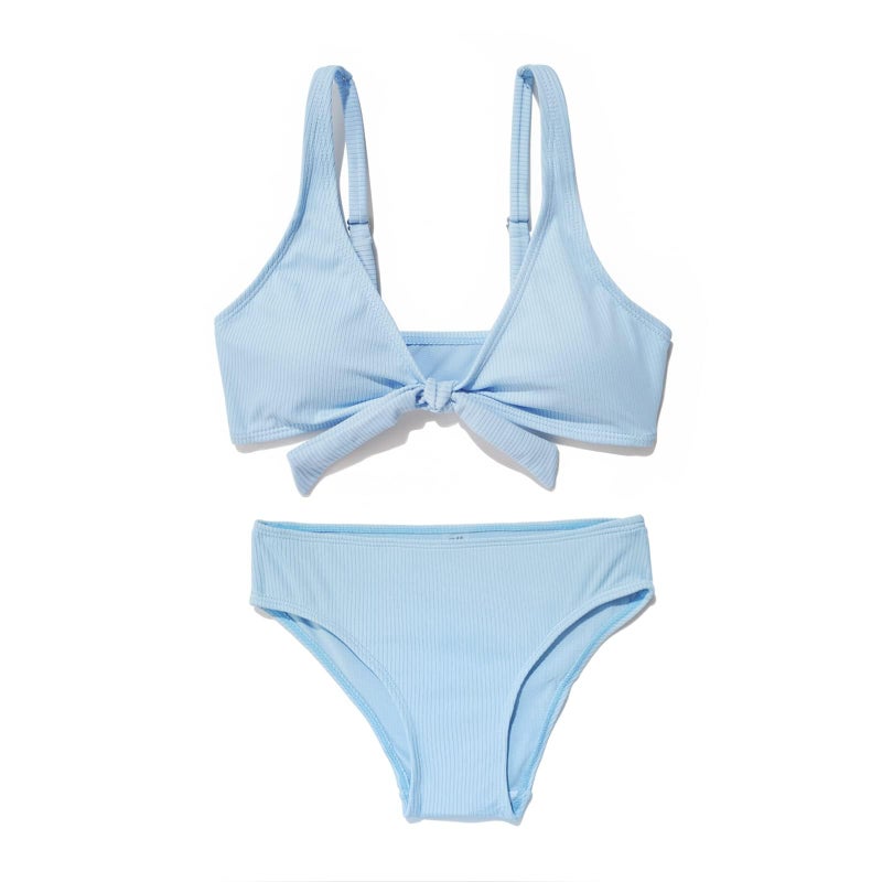 MIENOE Teen Girls' Swimsuits Two-Piece V-Neck Bow Kids Bikini Swimsuit Solid Color Adjustable Shoulder Straps Girls Sky Blue Bikini (Size 10-11Years) - Image 1