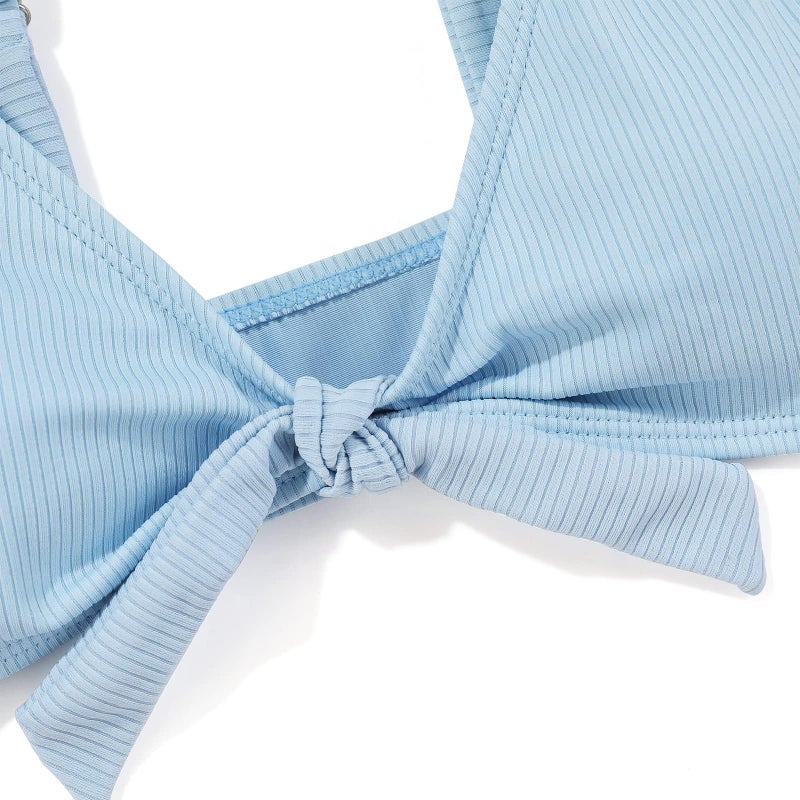 MIENOE Teen Girls' Swimsuits Two-Piece V-Neck Bow Kids Bikini Swimsuit Solid Color Adjustable Shoulder Straps Girls Sky Blue Bikini (Size 10-11Years) - Image 5