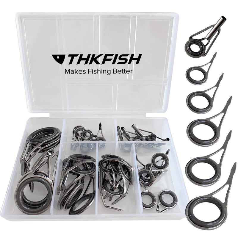 THKFISH Rod Repair Kit Rod Tip Repair Kit Ceramics Tips Stainless Steel Carbon Spinning Rod Guides Fishing Rod Repair Kit Burnished Silver 35pcs