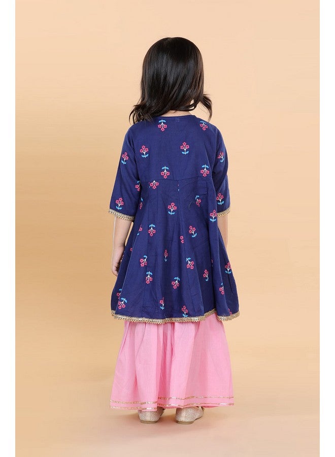 Adiva Kids Ethnic Wear Cotton Floral Printed Angrakha Blue Kurta Sharara Set For Girls (G-1049-BLUE-24) - Image 5