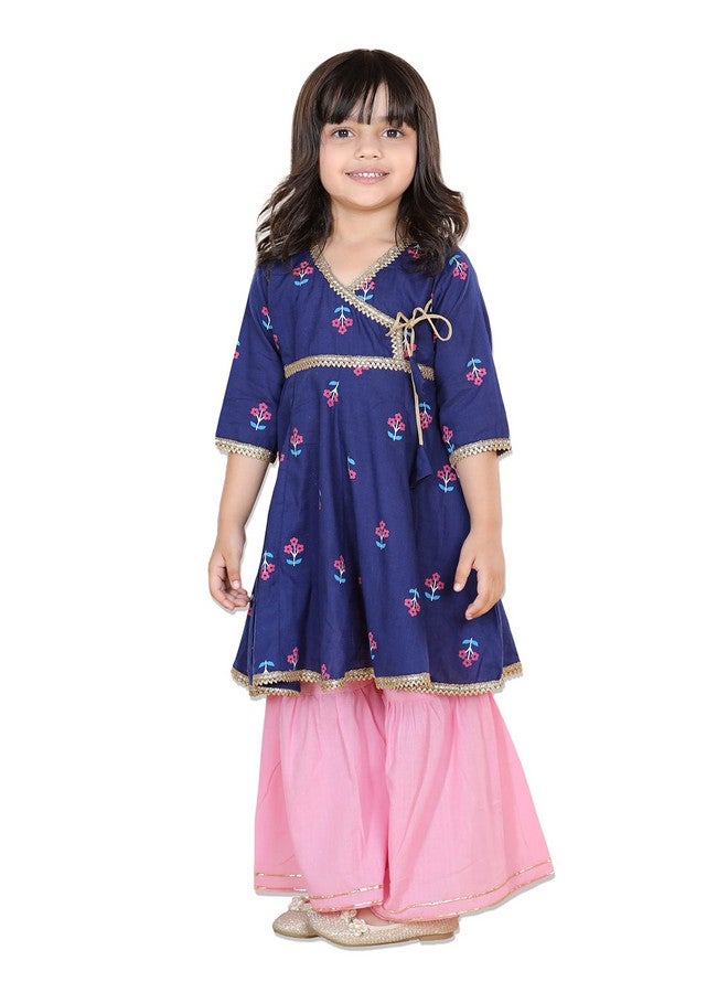 Adiva Kids Ethnic Wear Cotton Floral Printed Angrakha Blue Kurta Sharara Set For Girls (G-1049-BLUE-24) - Image 1